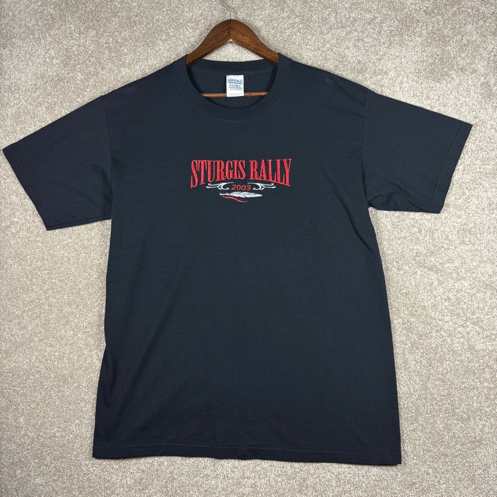 Vintage Gildan Sturgis Rally 2003 Embroidered Black T-Shirt Mens L Heavyweight